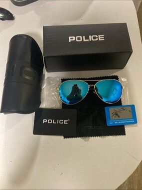 NEW Police S1382G #2 Aviator Sunglasses Blue Mirror Gold Frame NWT Full Set
